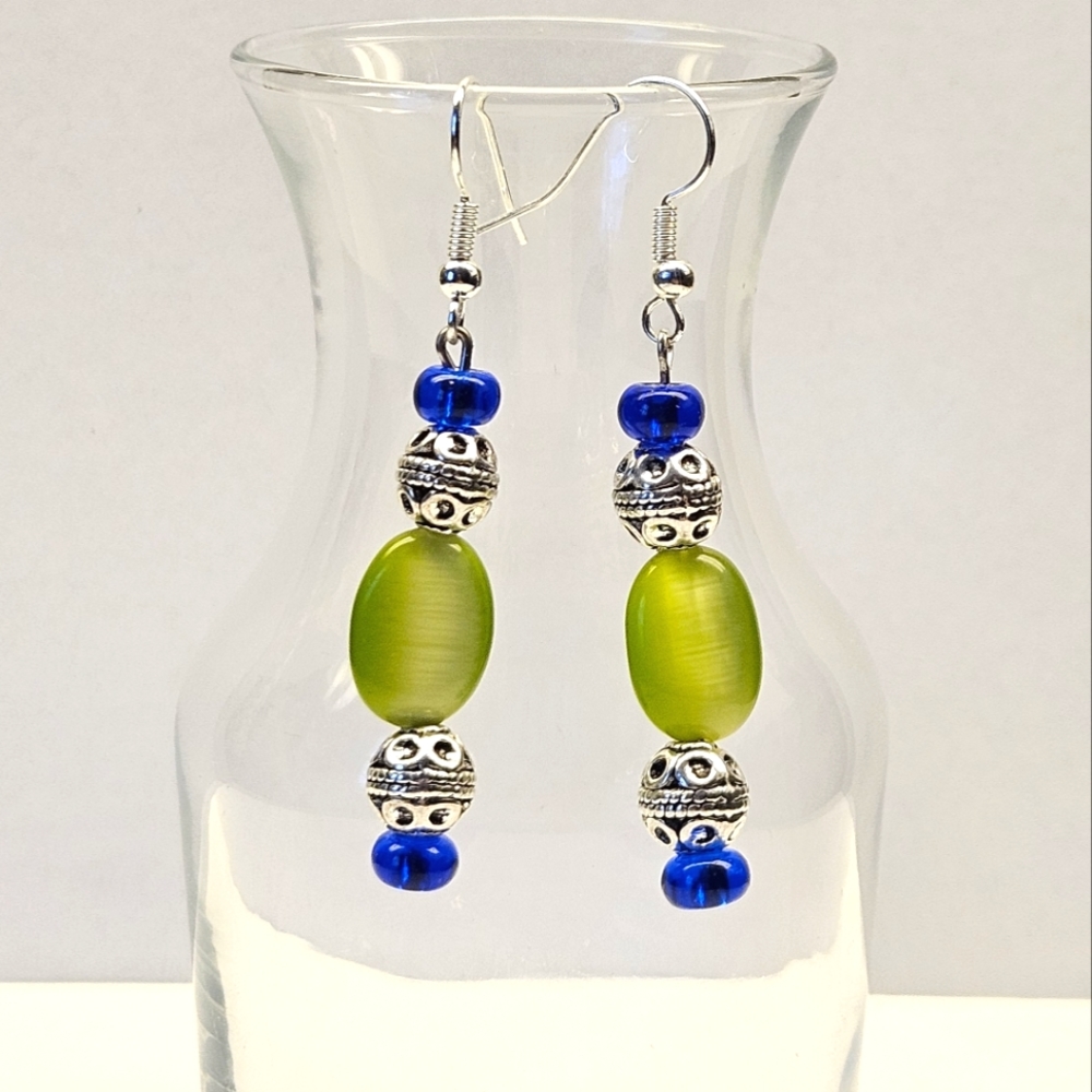 Handmade Earrings Green and Blue Beaded Earrings - Picture 5 of 6
